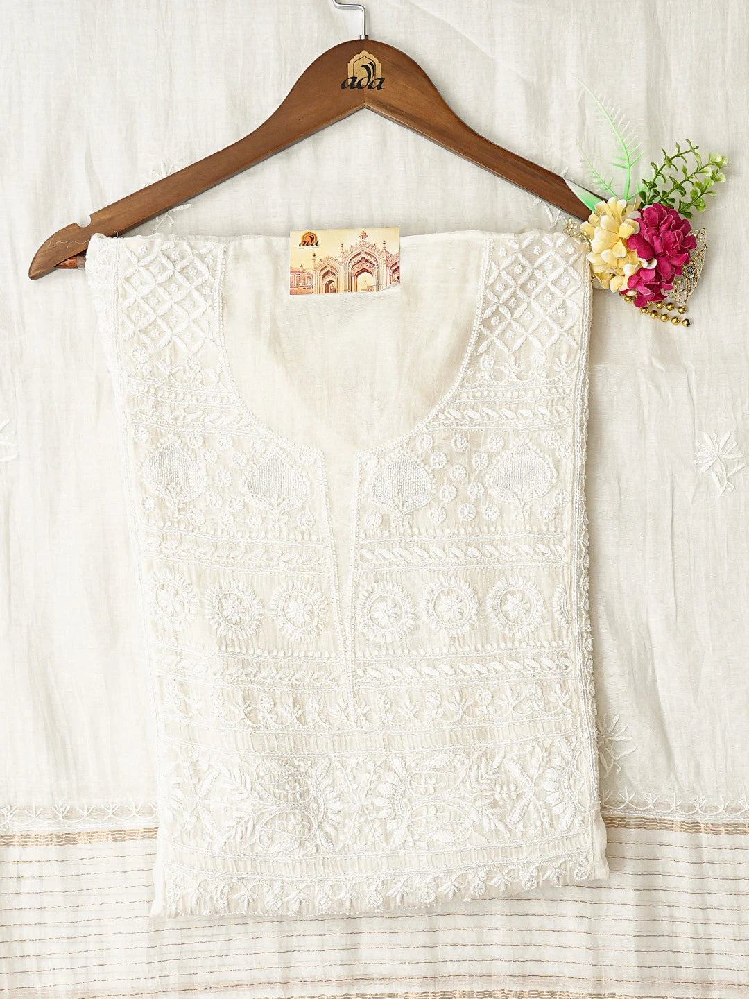 Ada Hand Embroidered White Chanderi Lucknowi Chikankari Semi-Stitched Kurta Dupatta Set With Pearl Work 01A757023