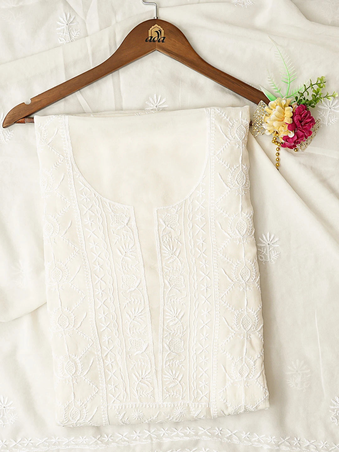 Ada Hand Embroidered White Pure Georgette Lucknowi Chikankari Unstitched Kurta Dupatta Set 01A844553