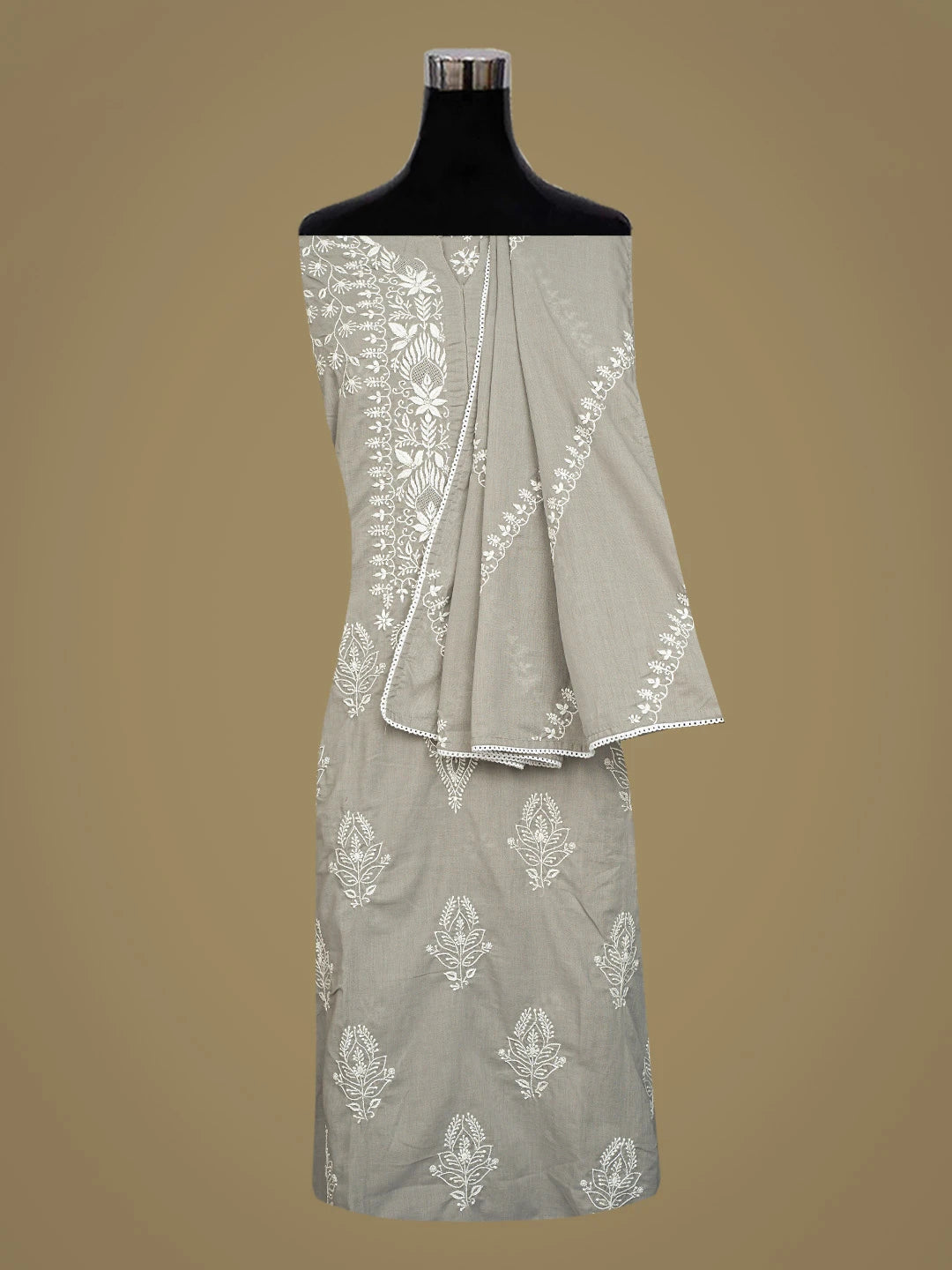 Ada Hand Embroidered Grey Cotton Lucknowi Chikankari Semi-Stitched Kurta Dupatta Set 01A832334