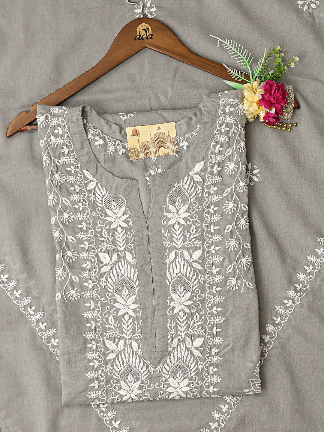 Ada Hand Embroidered Grey Cotton Lucknowi Chikankari Semi-Stitched Kurta Dupatta Set 01A832334