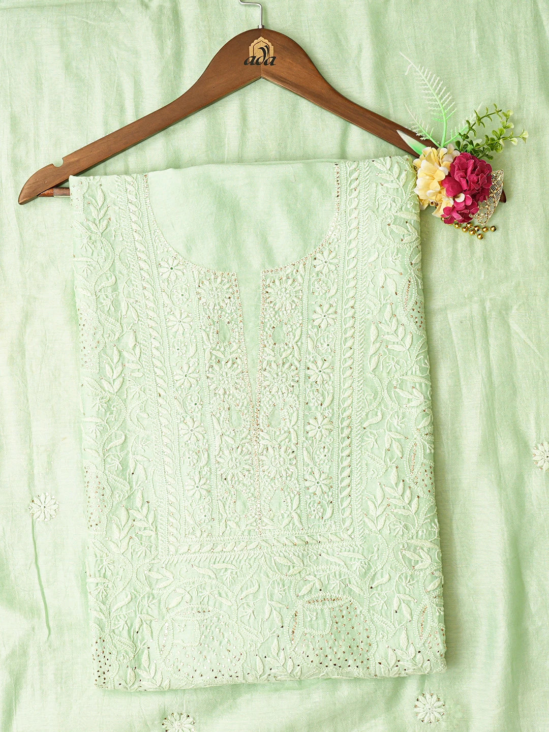 Ada Hand Embroidered Light Green Chanderi Lucknowi Chikankari Unstitched Kurta Dupatta Set With Mukaish Work 01A707514