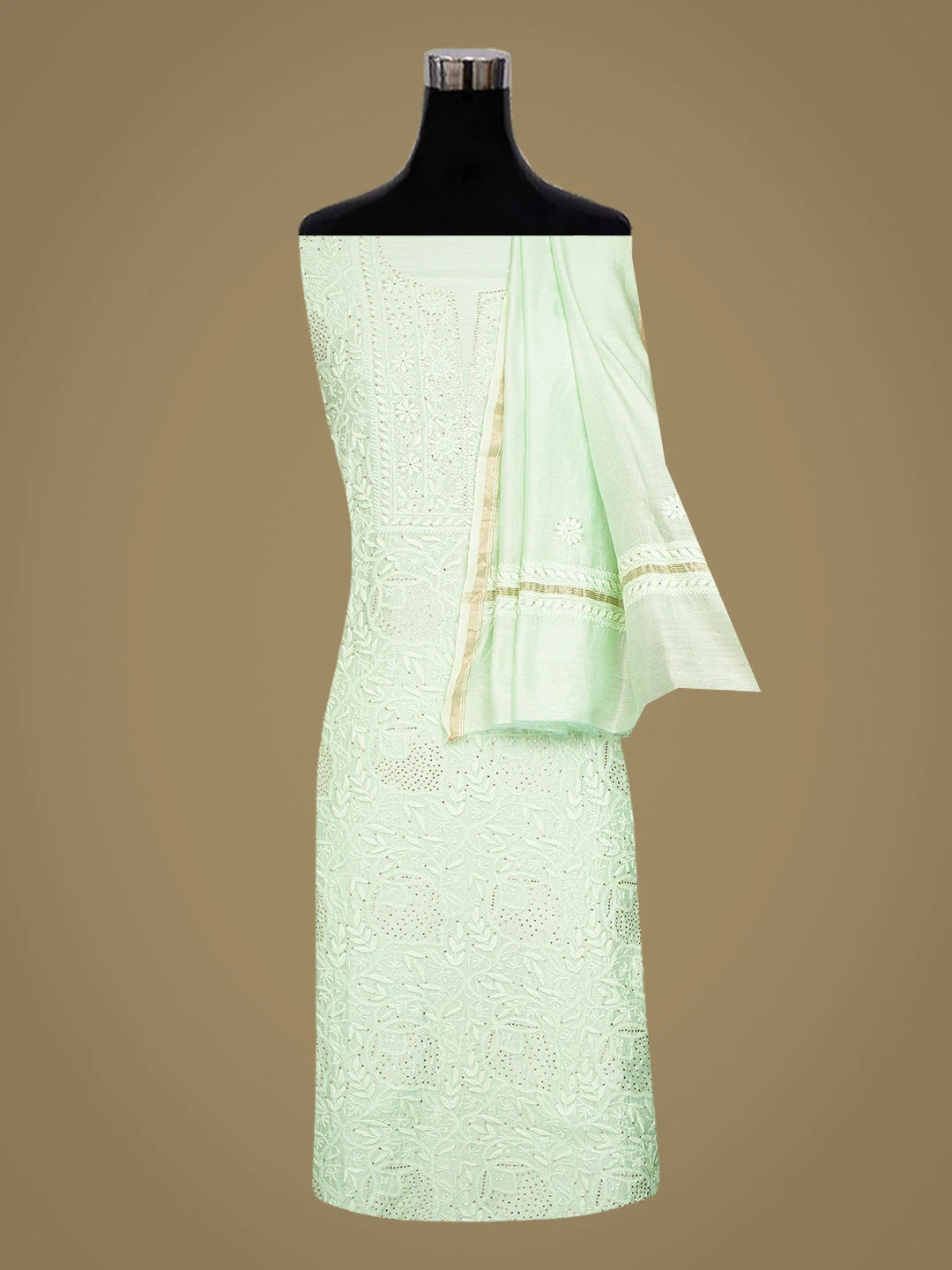 Ada Hand Embroidered Light Green Chanderi Lucknowi Chikankari Unstitched Kurta Dupatta Set With Mukaish Work 01A707514