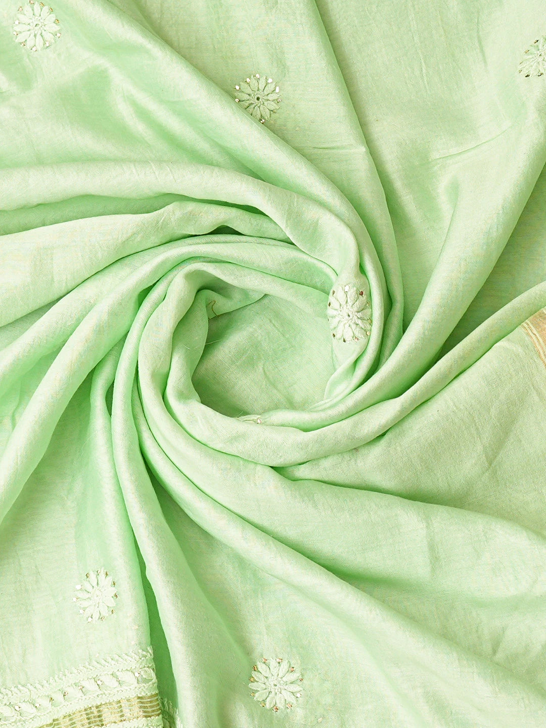 Ada Hand Embroidered Light Green Chanderi Lucknowi Chikankari Unstitched Kurta Dupatta Set With Mukaish Work 01A707514