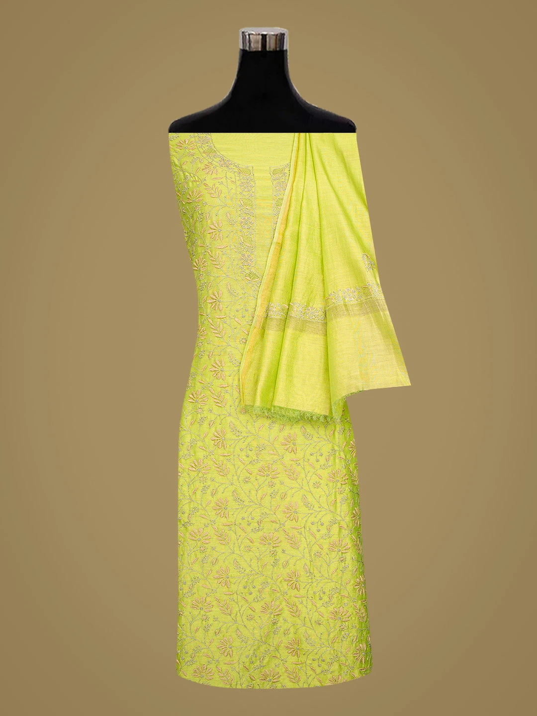 Ada Hand Embroidered Green Chanderi Lucknowi Chikankari Unstitched Kurta Dupatta Set 01A835826