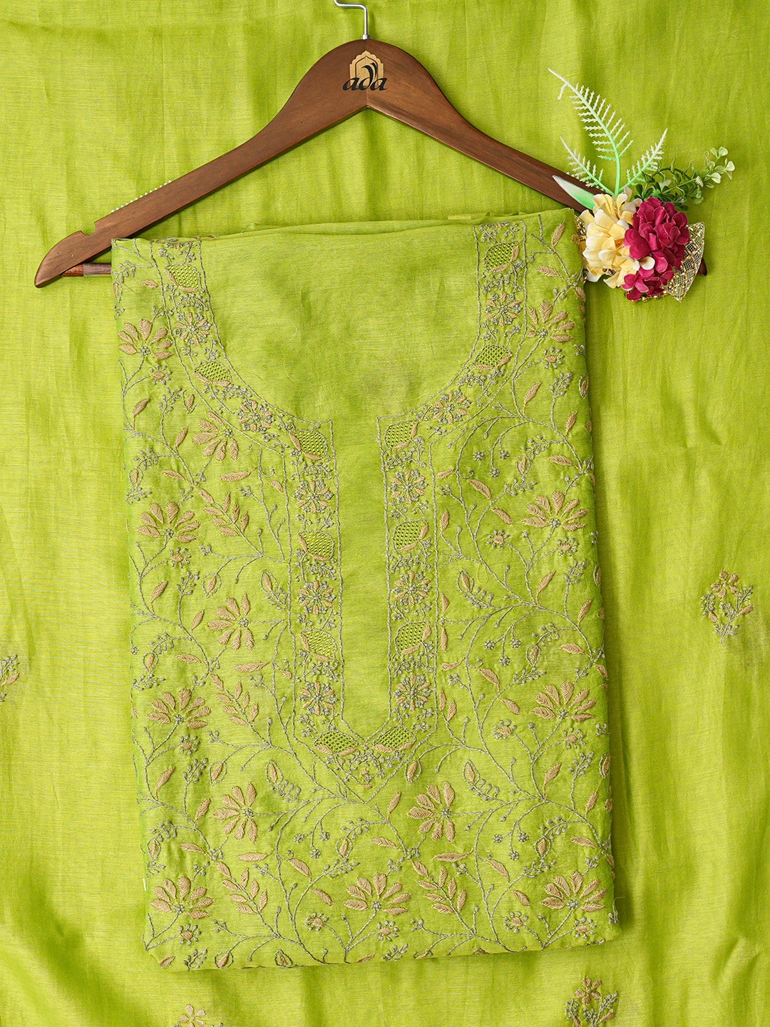Ada Hand Embroidered Green Chanderi Lucknowi Chikankari Unstitched Kurta Dupatta Set 01A835826