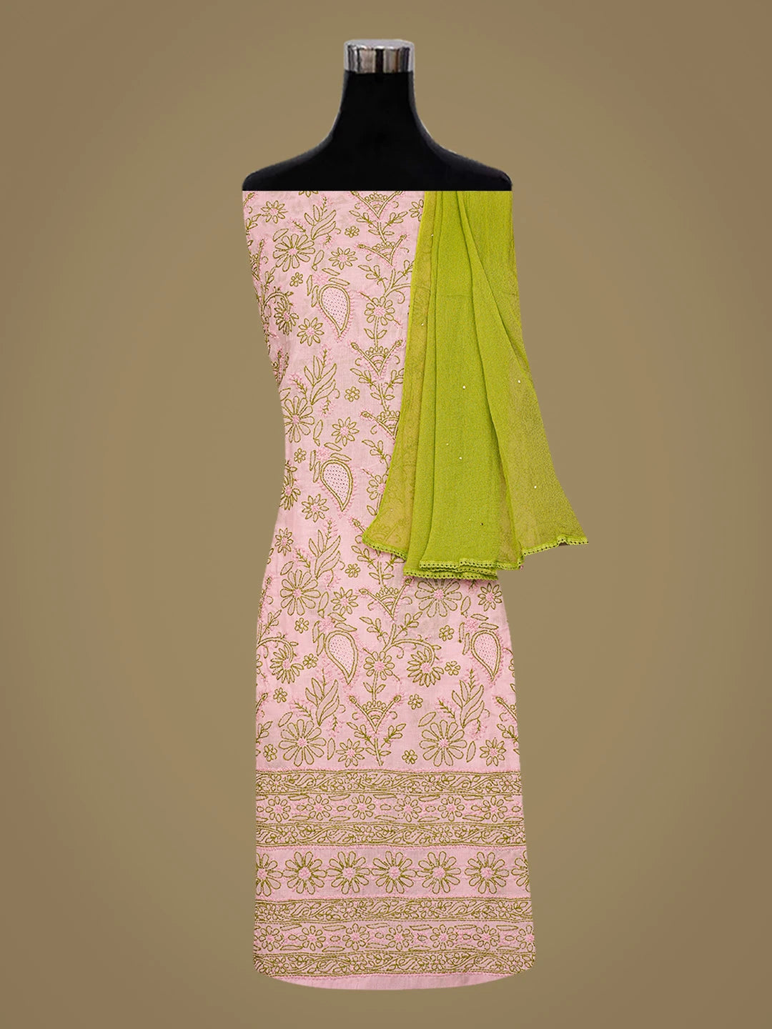 Ada Hand Embroidered Pink Cotton Lucknowi Chikankari Unstitched Suit Piece With Mukaish Work 01A839717