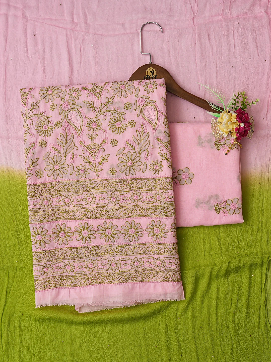 Ada Hand Embroidered Pink Cotton Lucknowi Chikankari Unstitched Suit Piece With Mukaish Work 01A839717