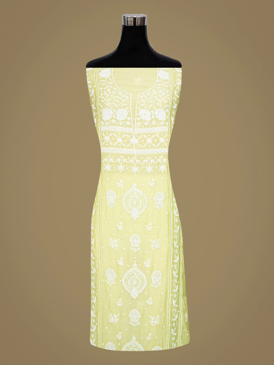 Ada Hand Embroidered Lime Green Chanderi Lucknowi Chikankari Semi-Stitched Kurta Dupatta Set With Pearl Work 01A777465