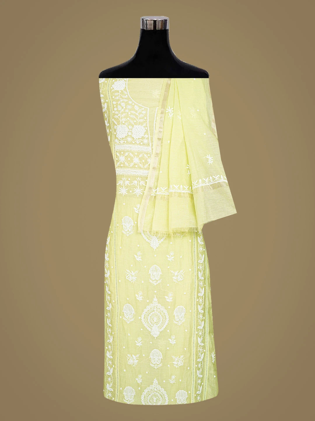 Ada Hand Embroidered Lime Green Chanderi Lucknowi Chikankari Semi-Stitched Kurta Dupatta Set With Pearl Work 01A777465