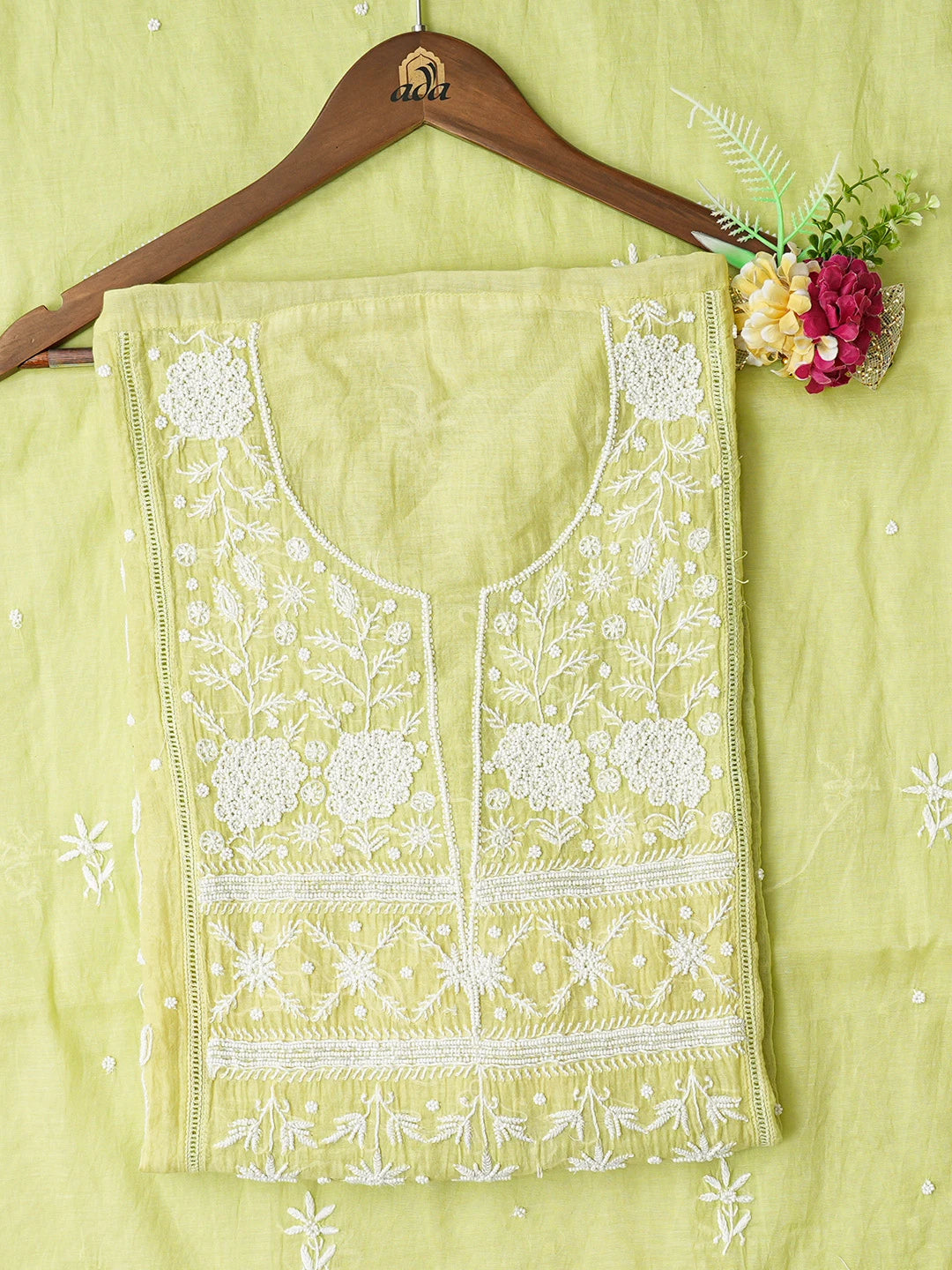Ada Hand Embroidered Lime Green Chanderi Lucknowi Chikankari Semi-Stitched Kurta Dupatta Set With Pearl Work 01A777465