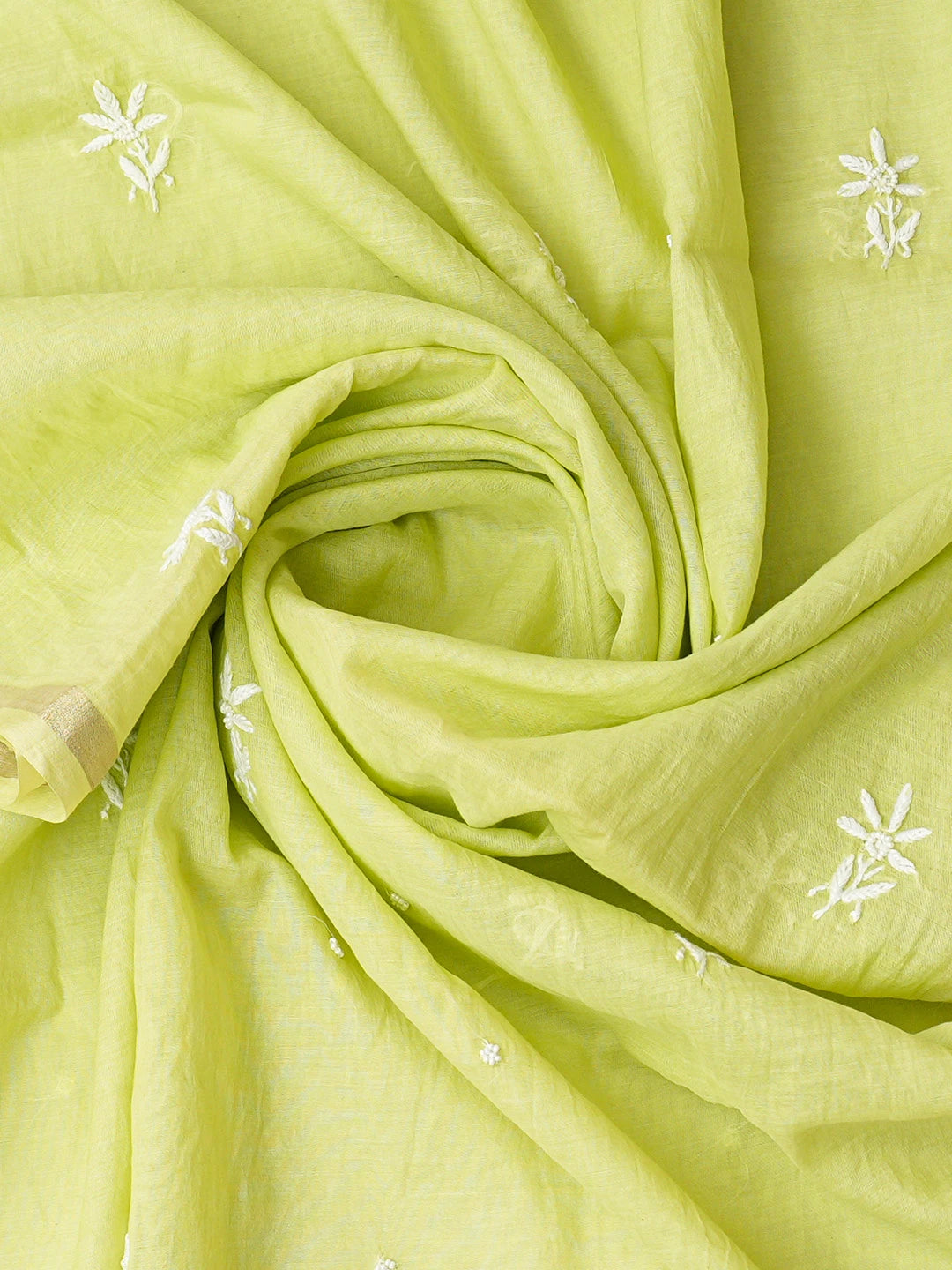 Ada Hand Embroidered Lime Green Chanderi Lucknowi Chikankari Semi-Stitched Kurta Dupatta Set With Pearl Work 01A777465