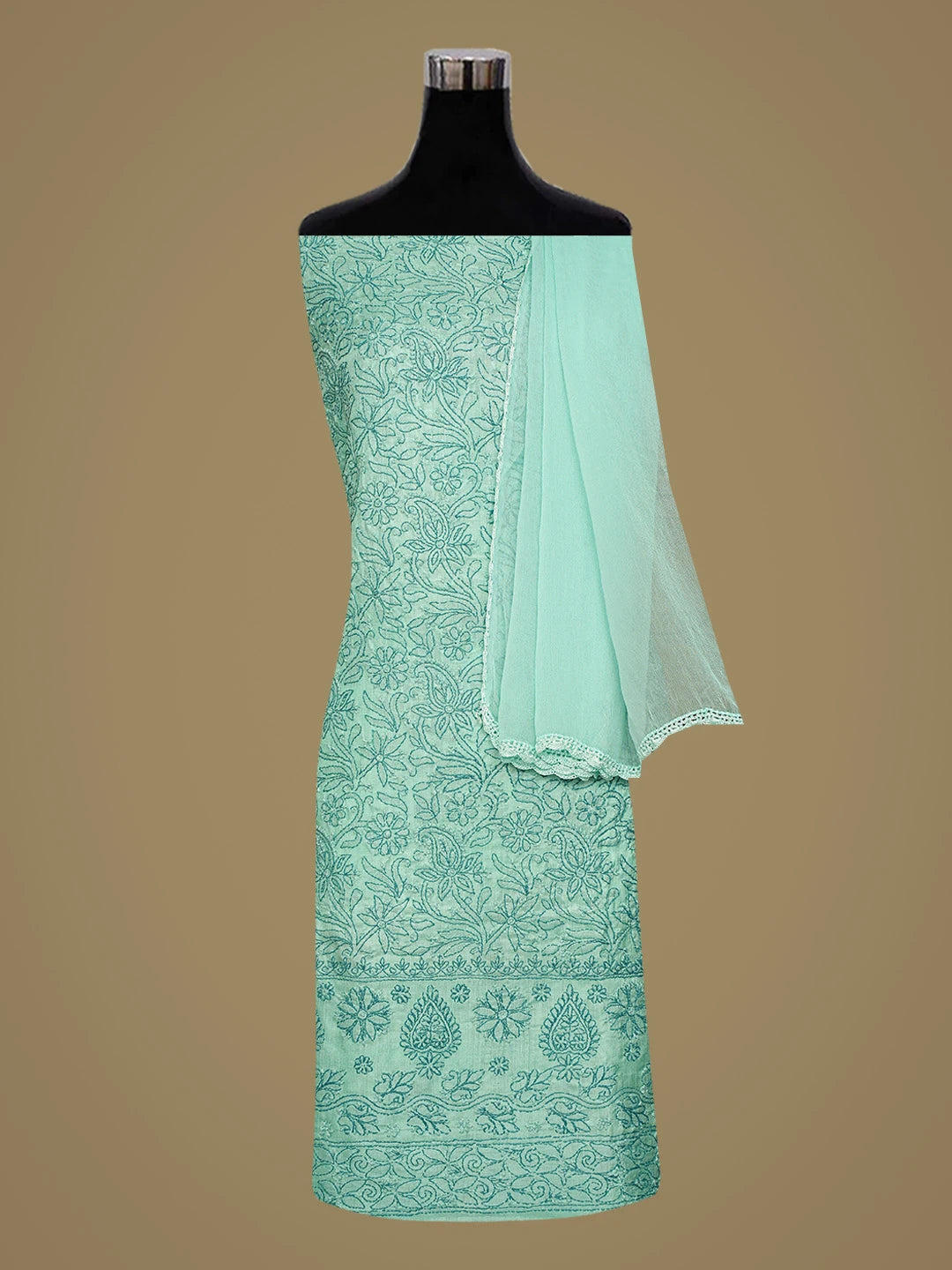 Ada Hand Embroidered Sea Green Silk Lucknowi Chikankari Unstitched Suit Piece 01A774736