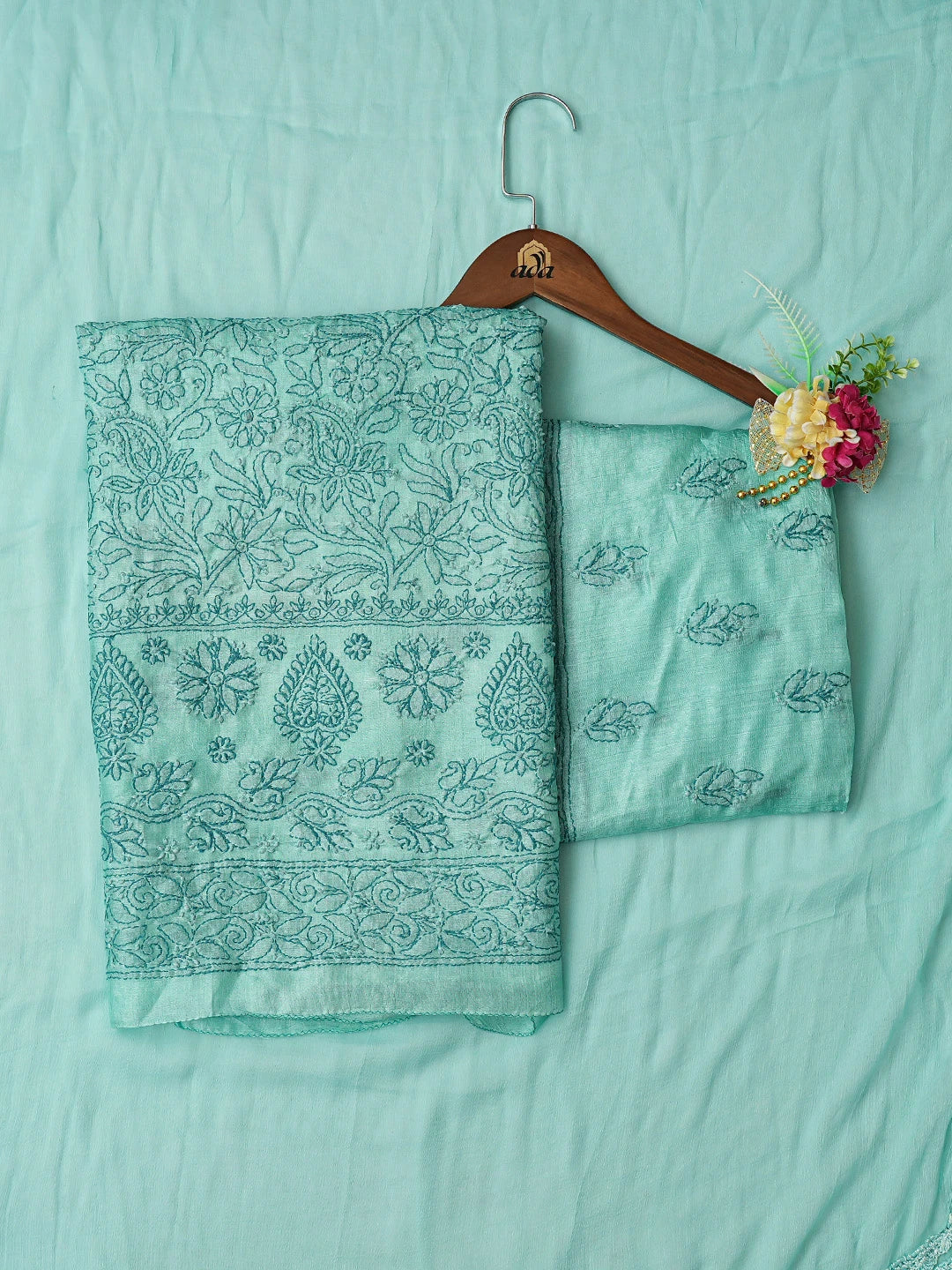 Ada Hand Embroidered Sea Green Silk Lucknowi Chikankari Unstitched Suit Piece 01A774736