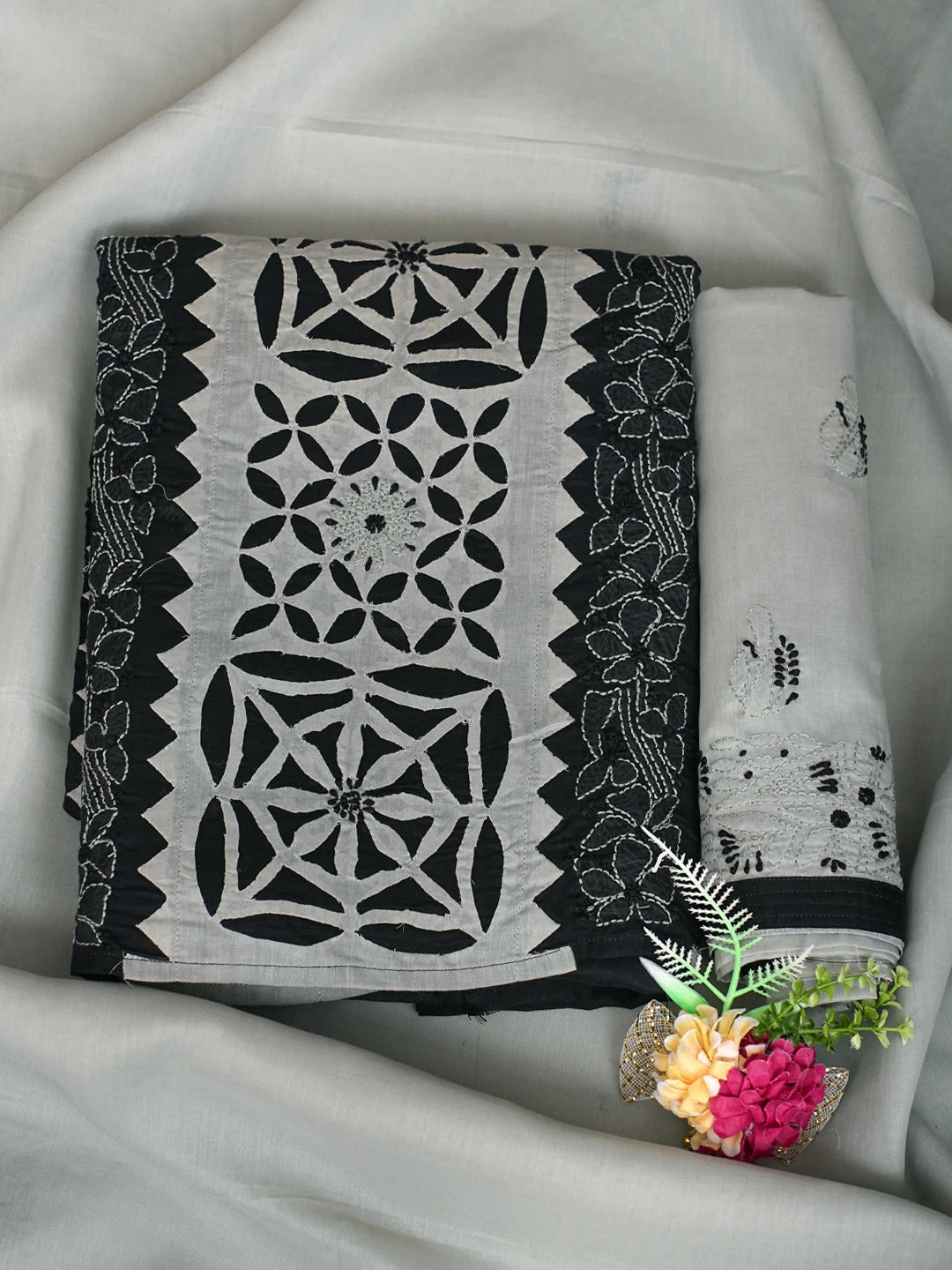 Ada Hand Embroidered Black and Ash Grey Cotton Lucknowi Chikankari Unstitched Suit Piece 01A845171