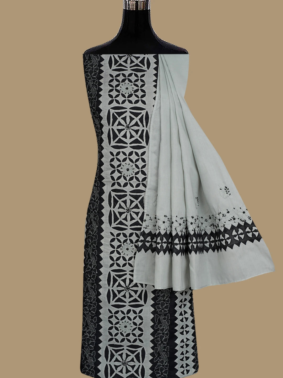 Ada Hand Embroidered Black and Ash Grey Cotton Lucknowi Chikankari Unstitched Suit Piece 01A845171