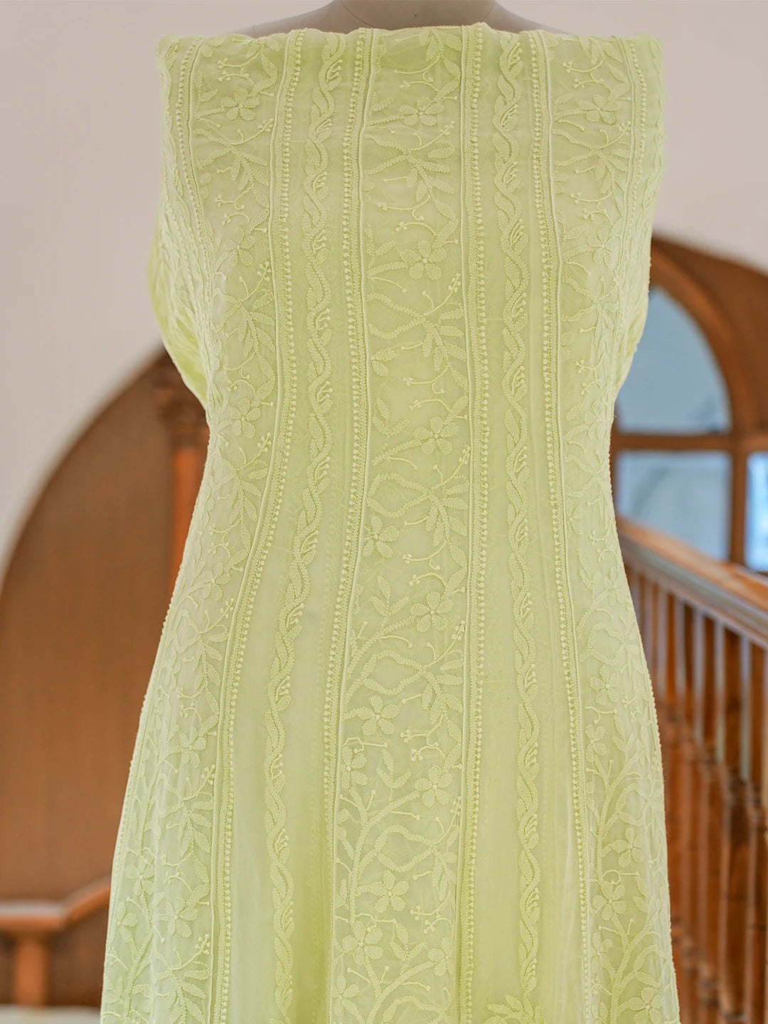 Ada Hand Embroidered Mindaro Green Viscose Georgette Lucknowi Chikankari Semi-stitched Anarkali Kurta Dupatta Set 01A807111