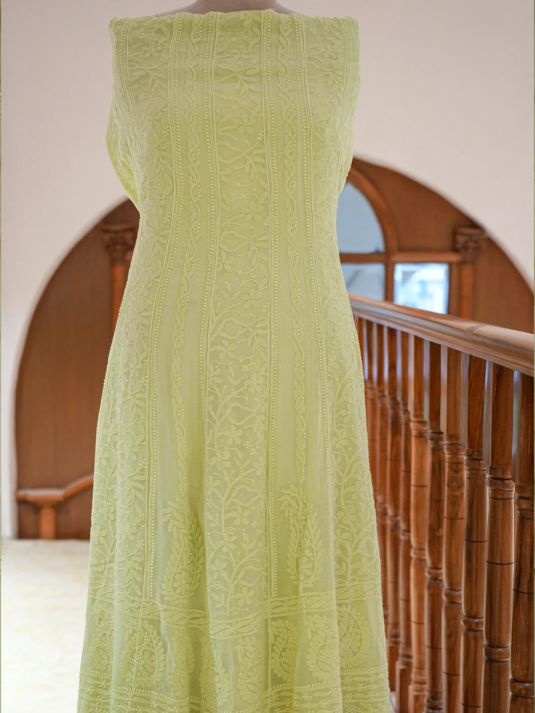 Ada Hand Embroidered Mindaro Green Viscose Georgette Lucknowi Chikankari Semi-stitched Anarkali Kurta Dupatta Set 01A807111