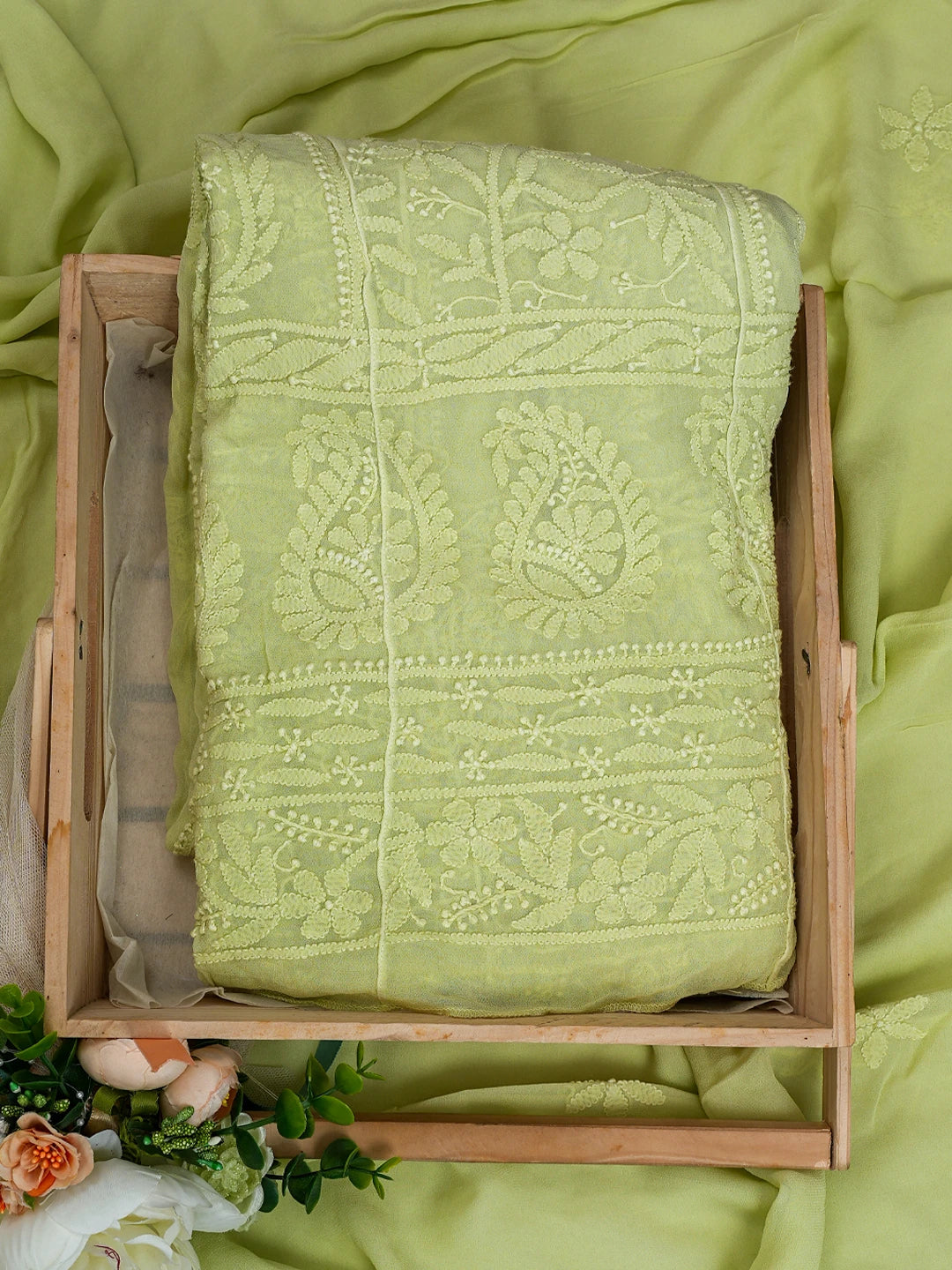 Ada Hand Embroidered Mindaro Green Viscose Georgette Lucknowi Chikankari Semi-stitched Anarkali Kurta Dupatta Set 01A807111