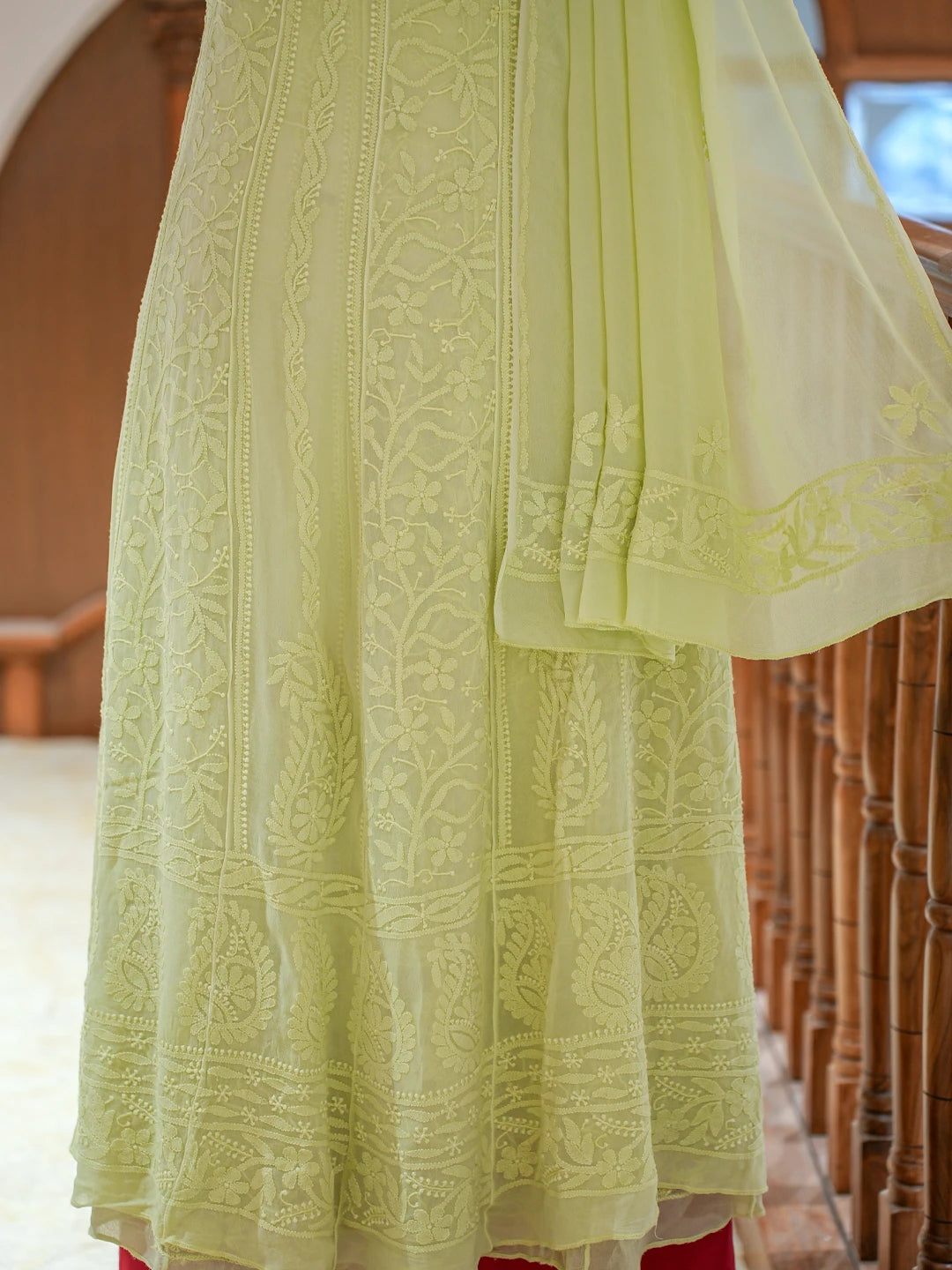 Ada Hand Embroidered Mindaro Green Viscose Georgette Lucknowi Chikankari Semi-stitched Anarkali Kurta Dupatta Set 01A807111