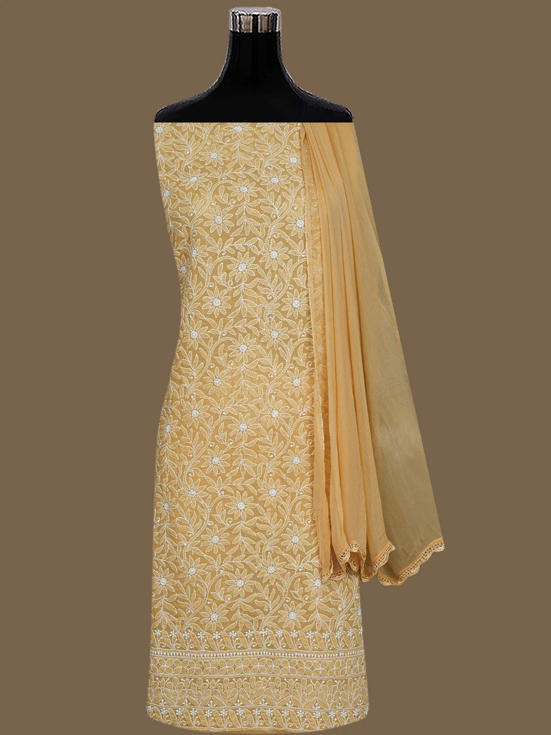 Ada Hand Embroidered Fawn Cotton Lucknowi Chikankari Unstitched Suit Piece 01A844679
