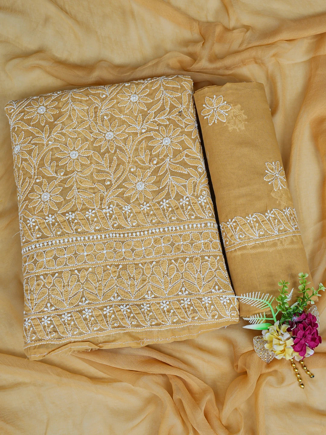 Ada Hand Embroidered Fawn Cotton Lucknowi Chikankari Unstitched Suit Piece 01A844679