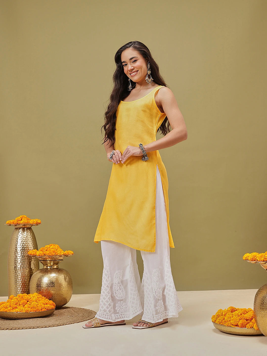 Ada Hand Embroidered Mustard Georgette Lucknow Chikankari Straight Kurta/Slip with Muqaish Work A411220