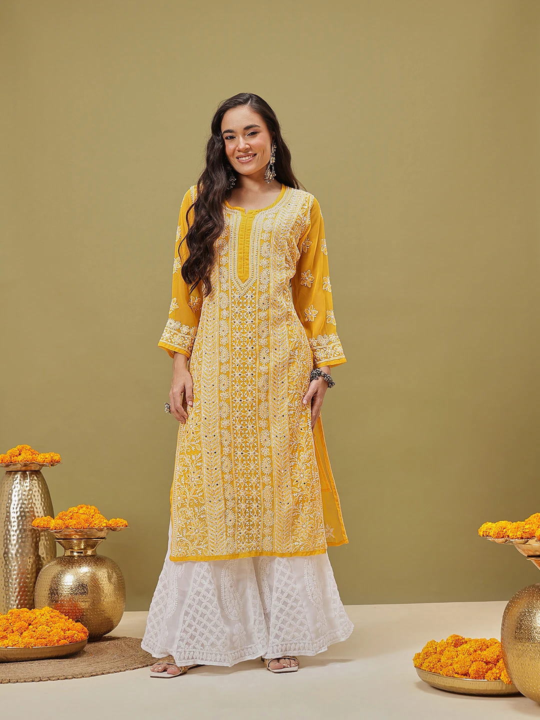 Ada Hand Embroidered Mustard Georgette Lucknow Chikankari Straight Kurta/Slip with Muqaish Work A411220