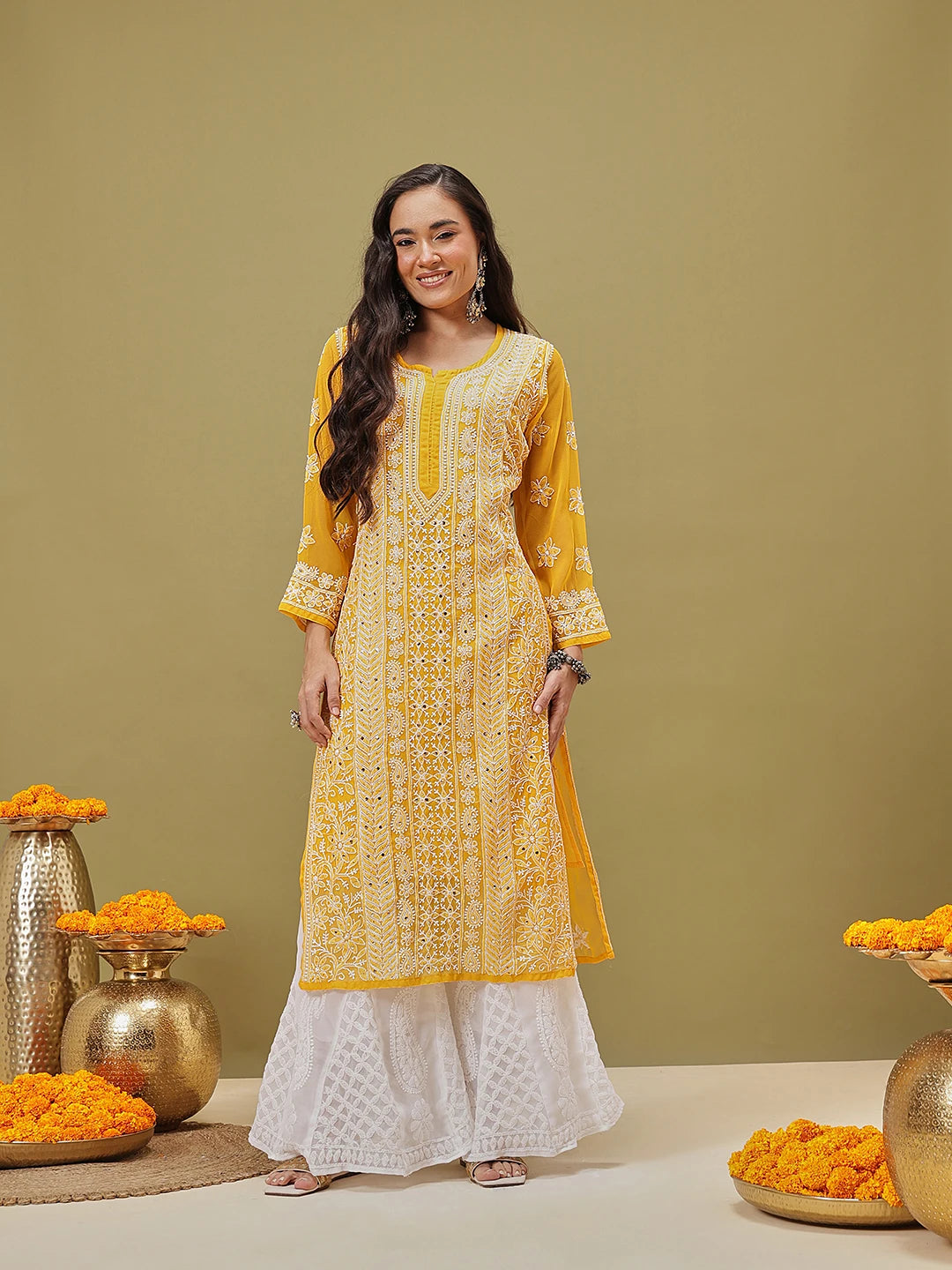 Ada Hand Embroidered Mustard Georgette Lucknow Chikankari Straight Kurta/Slip with Muqaish Work A411220
