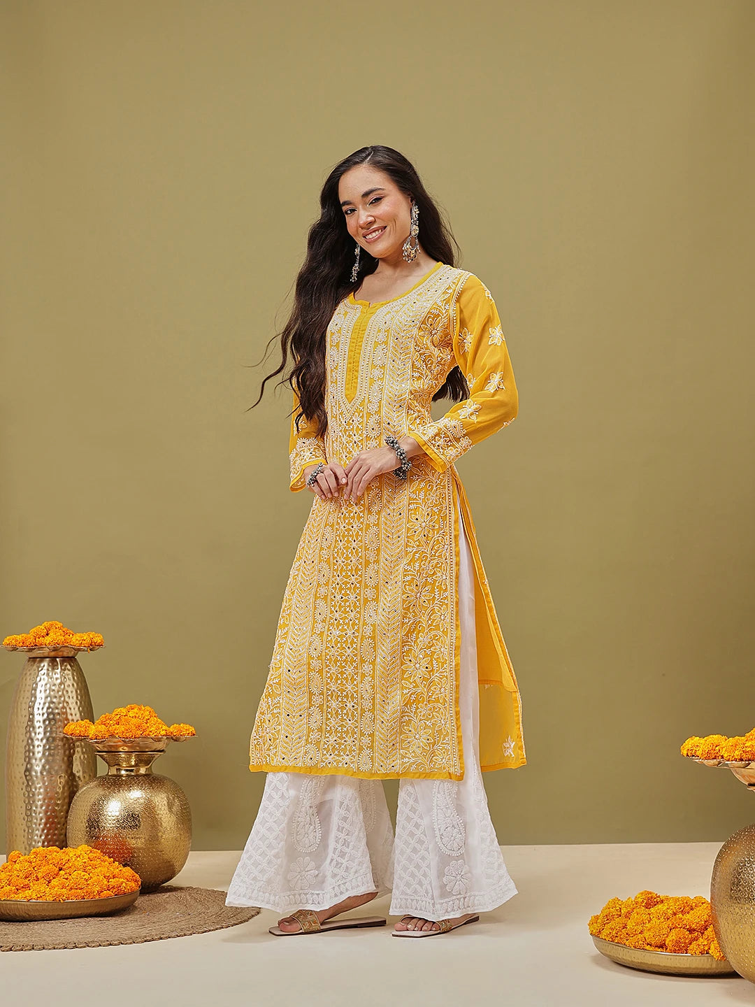 Ada Hand Embroidered Mustard Georgette Lucknow Chikankari Straight Kurta/Slip with Muqaish Work A411220