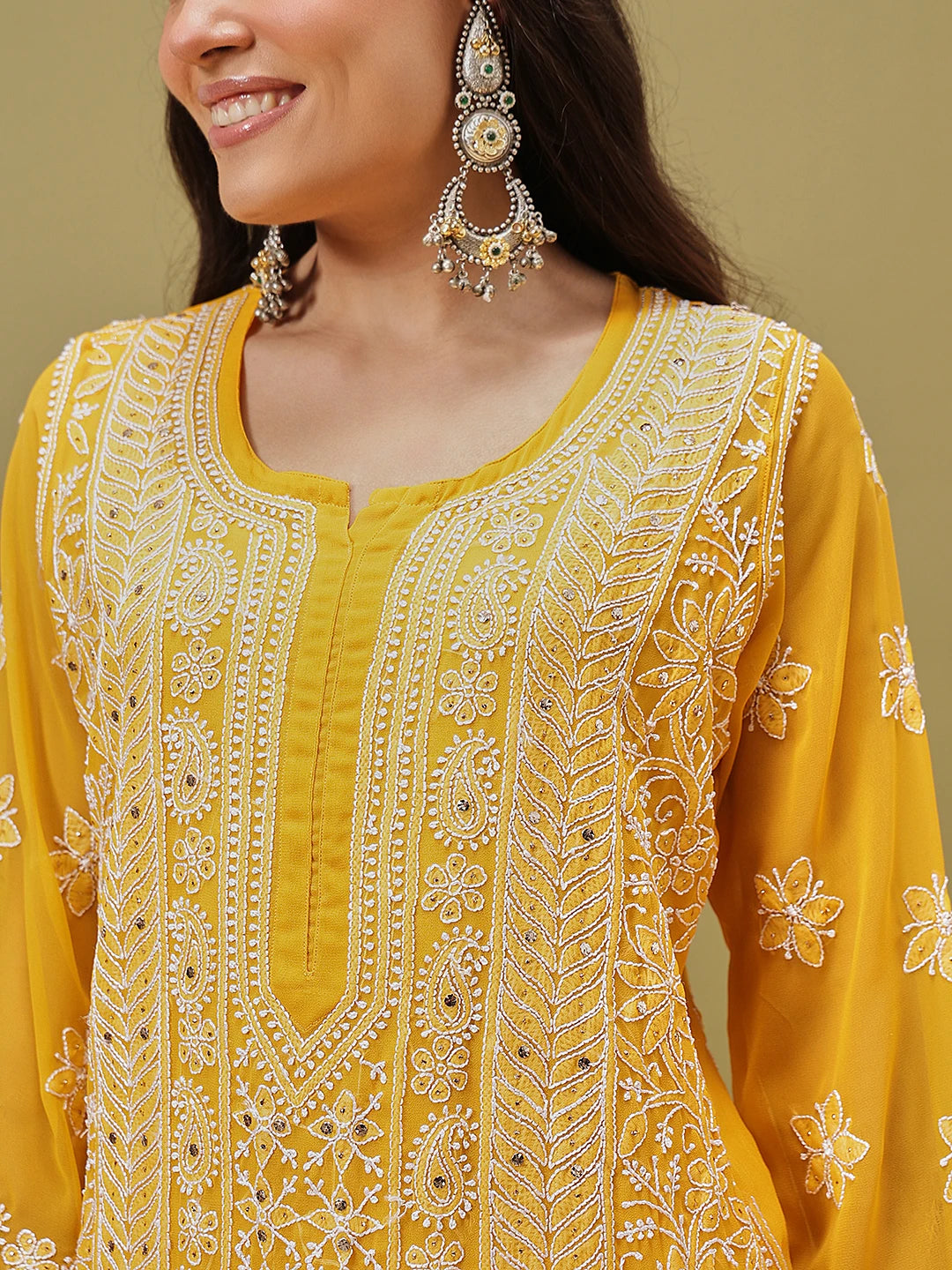 Ada Hand Embroidered Mustard Georgette Lucknow Chikankari Straight Kurta/Slip with Muqaish Work A411220