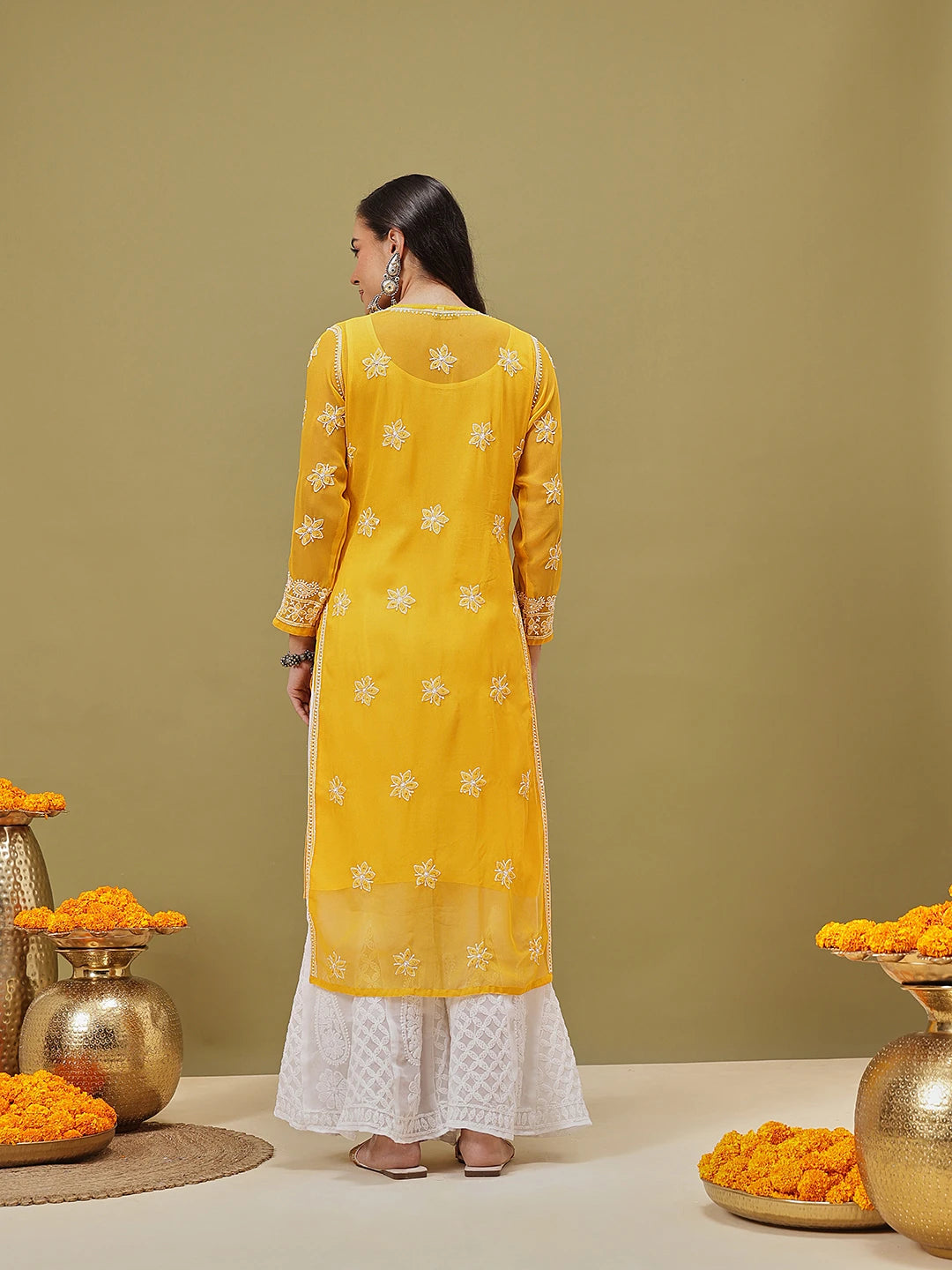 Ada Hand Embroidered Mustard Georgette Lucknow Chikankari Straight Kurta/Slip with Muqaish Work A411220