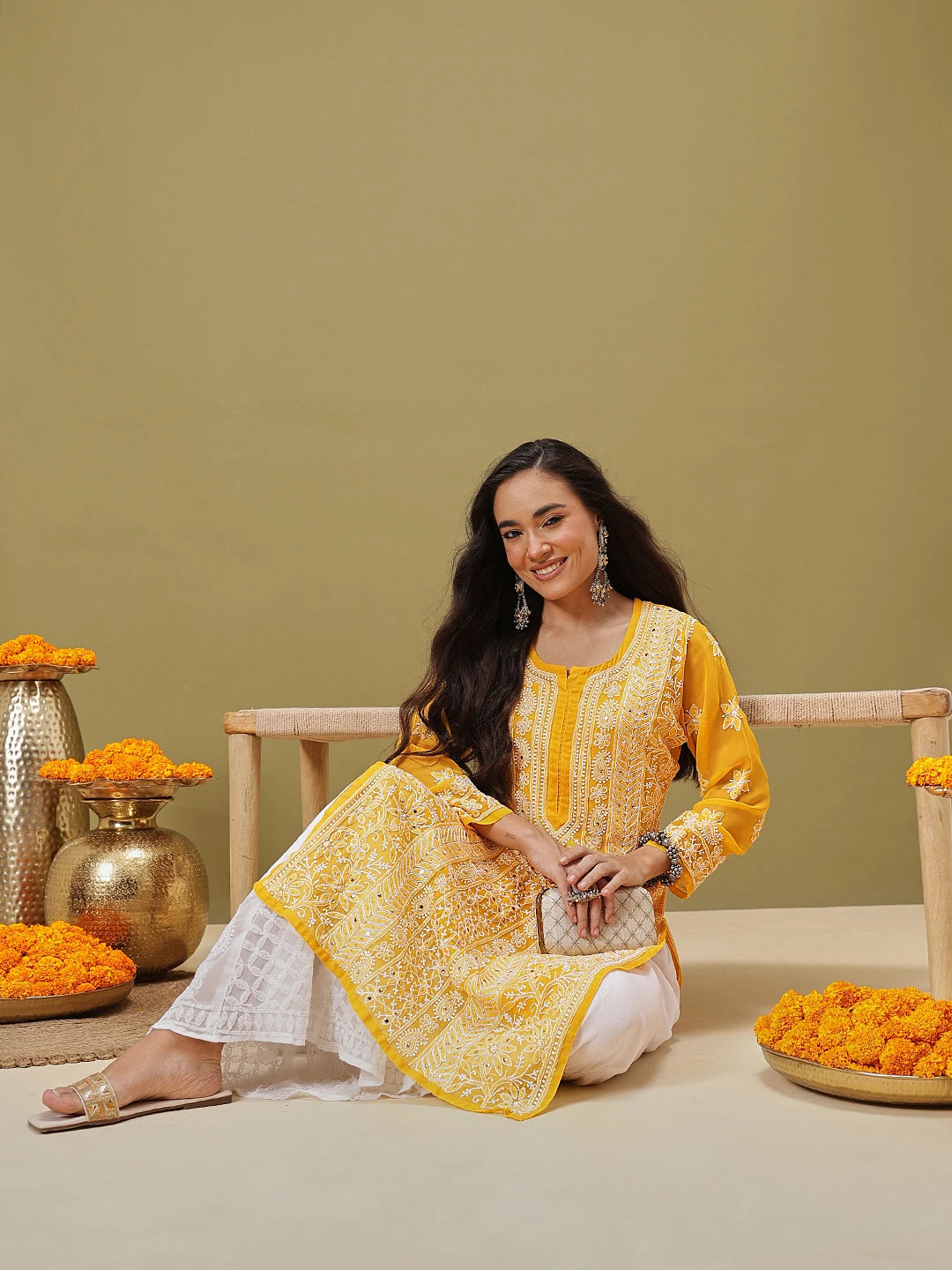 Ada Hand Embroidered Mustard Georgette Lucknow Chikankari Straight Kurta/Slip with Muqaish Work A411220