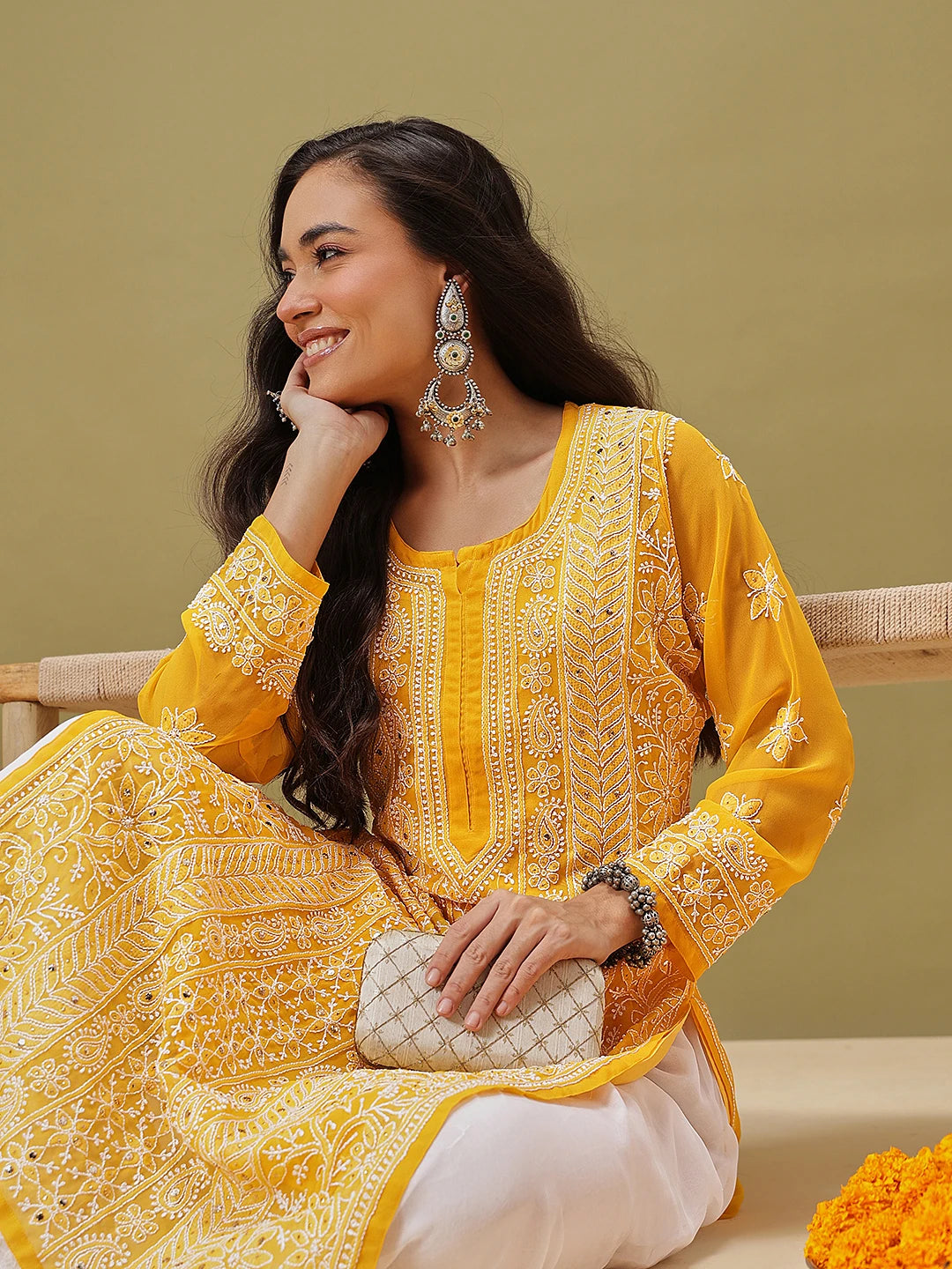 Ada Hand Embroidered Mustard Georgette Lucknow Chikankari Straight Kurta/Slip with Muqaish Work A411220