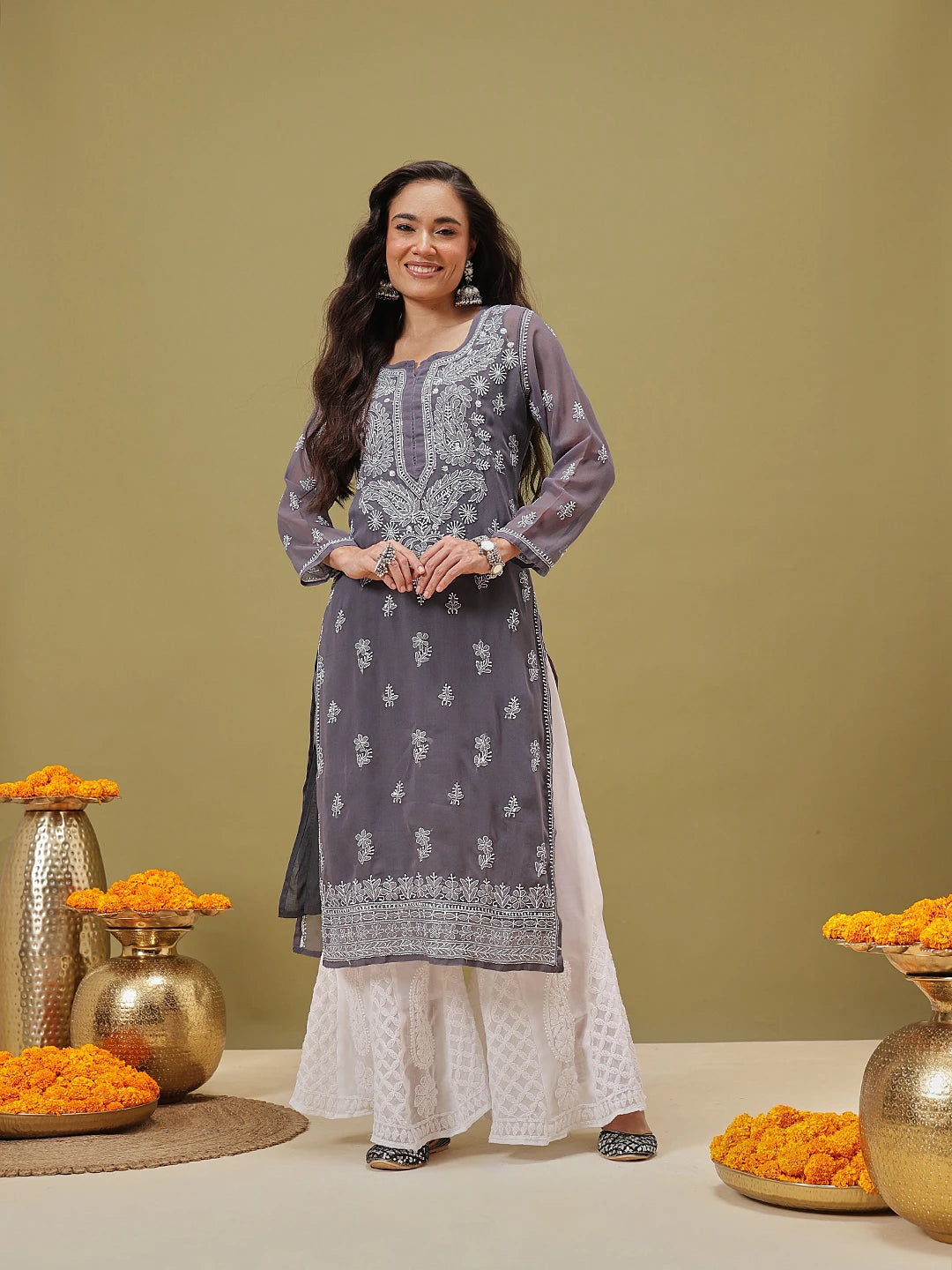 Ada Hand Embroidered Grey Georgette Lucknow Chikan Kurta with Slip A411346