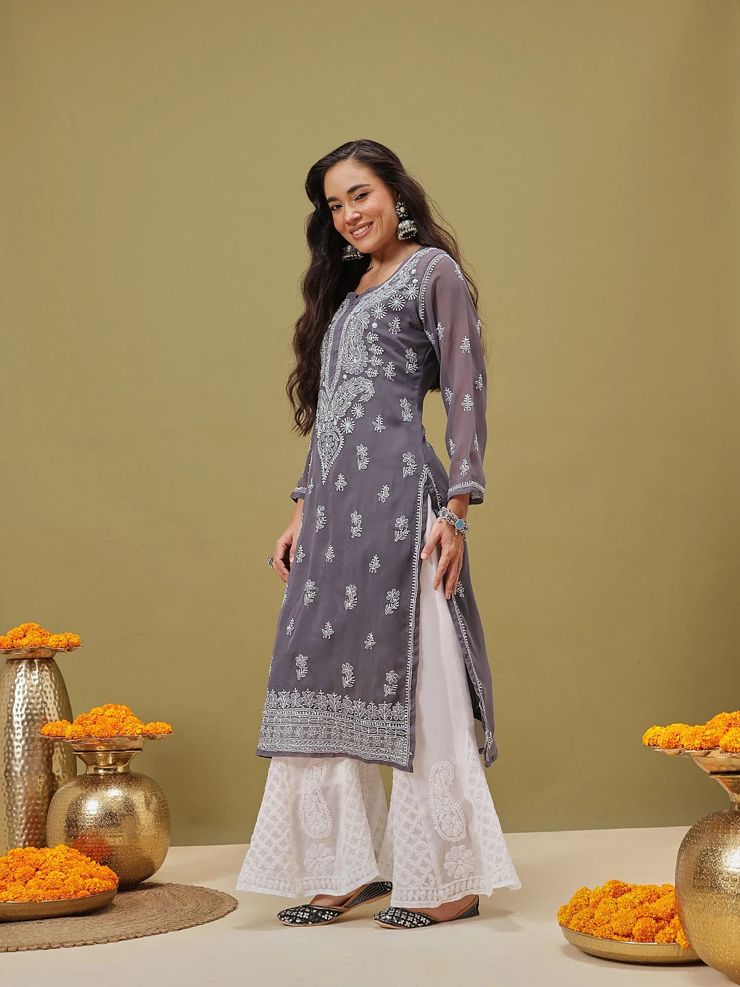Ada Hand Embroidered Grey Georgette Lucknow Chikan Kurta with Slip A411346
