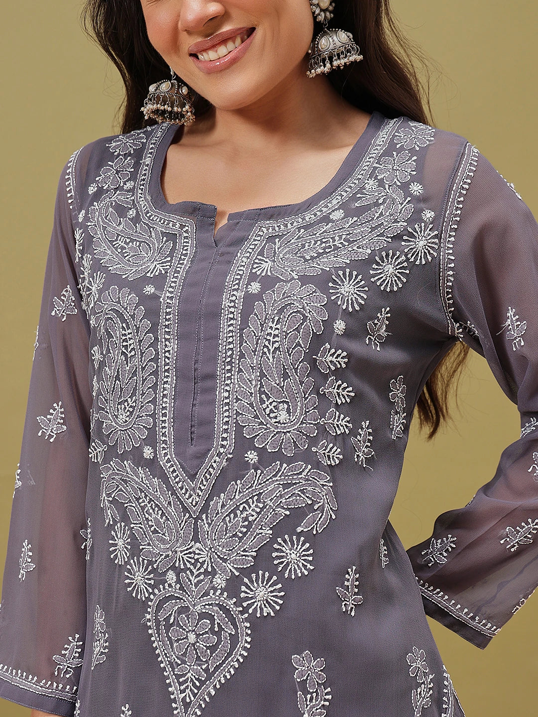 Ada Hand Embroidered Grey Georgette Lucknow Chikan Kurta with Slip A411346