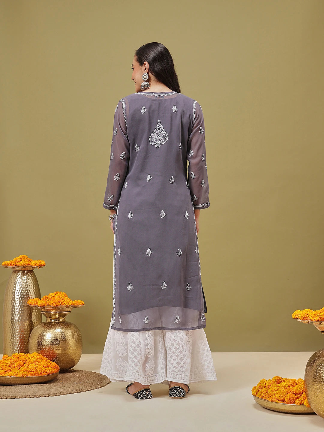 Ada Hand Embroidered Grey Georgette Lucknow Chikan Kurta with Slip A411346