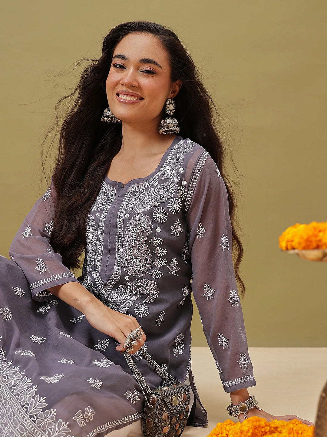Ada Hand Embroidered Grey Georgette Lucknow Chikan Kurta with Slip A411346