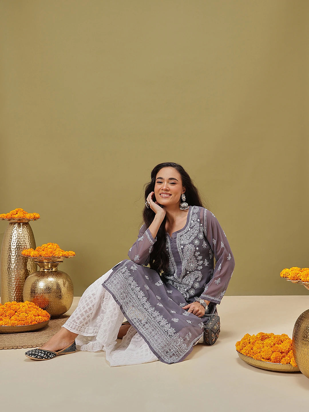 Ada Hand Embroidered Grey Georgette Lucknow Chikan Kurta with Slip A411346