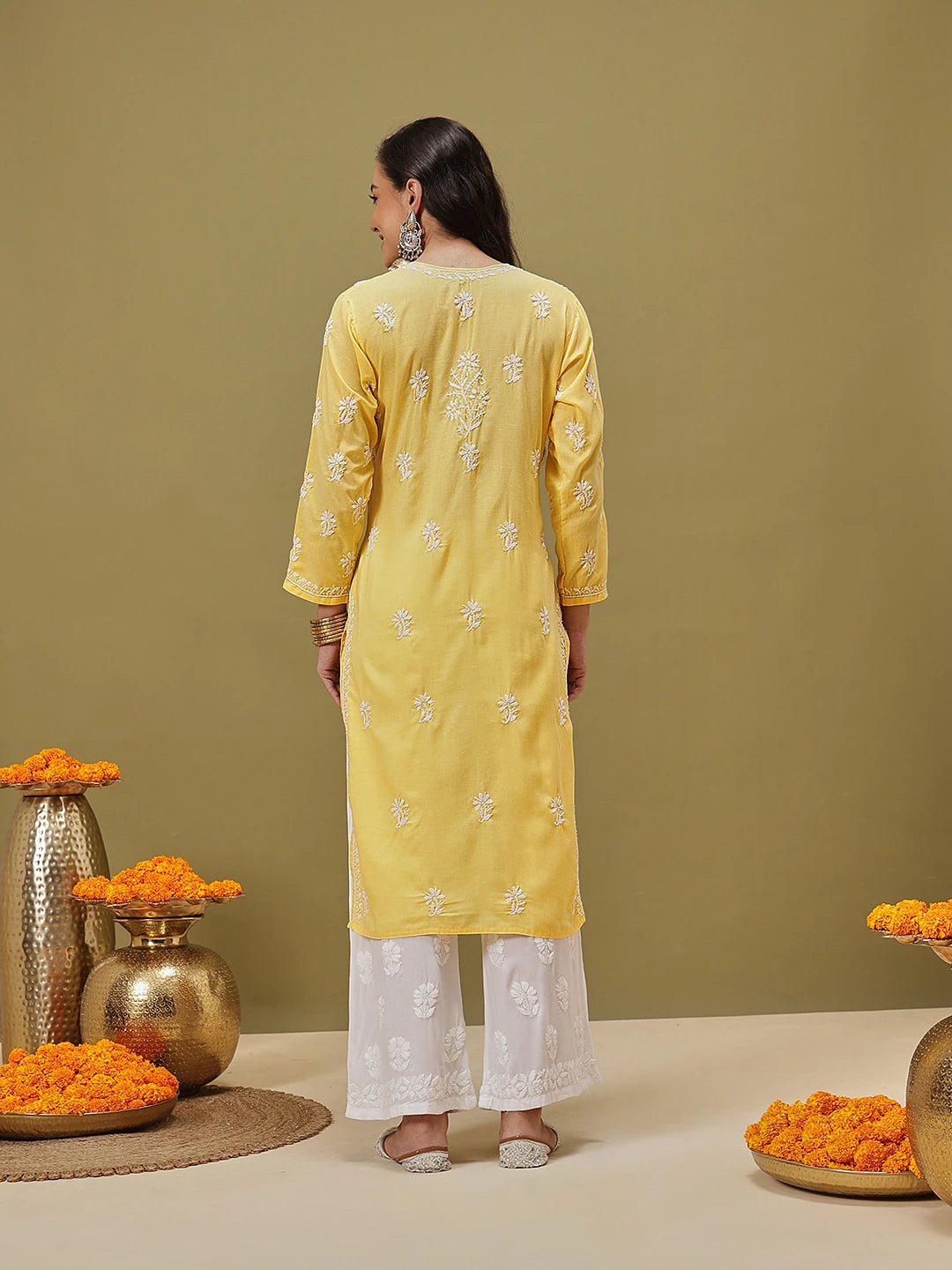 Ada Hand Embroidered Yellow Cotton Lucknow Chikankari Straight Kurta A133713