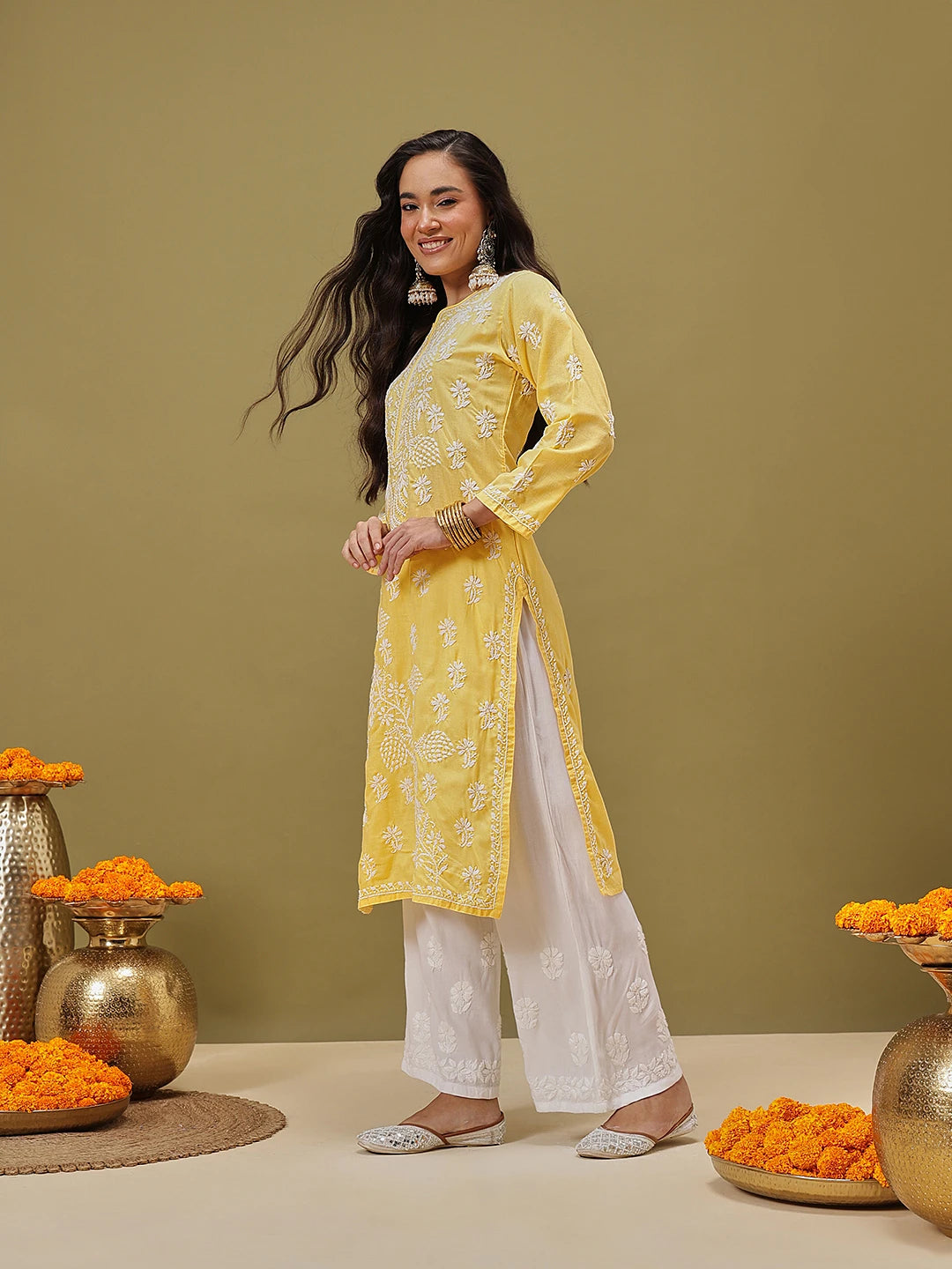Ada Hand Embroidered Yellow Cotton Lucknow Chikankari Straight Kurta A133713