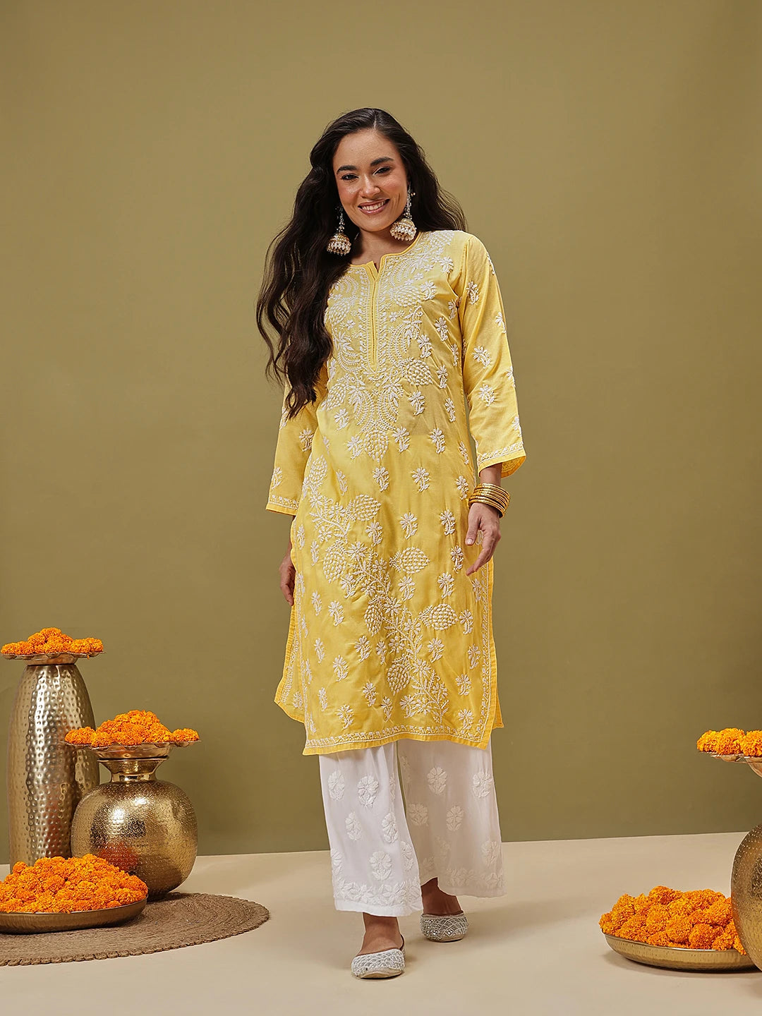 Ada Hand Embroidered Yellow Cotton Lucknow Chikankari Straight Kurta A133713