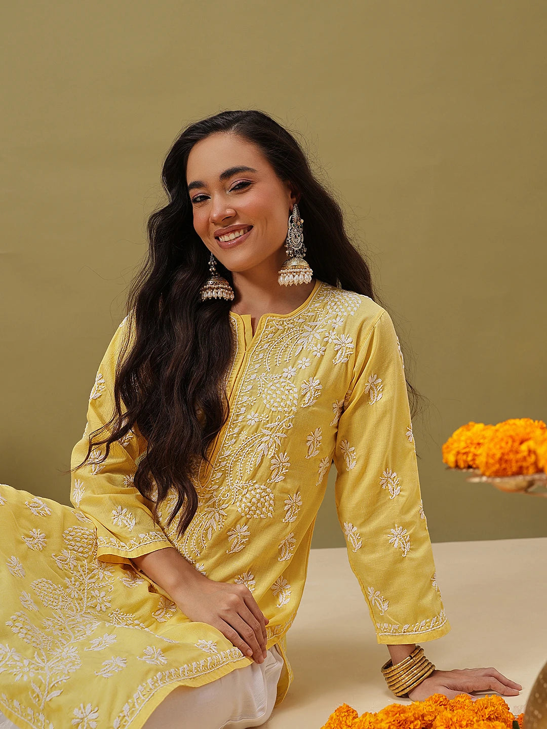 Ada Hand Embroidered Yellow Cotton Lucknow Chikankari Straight Kurta A133713