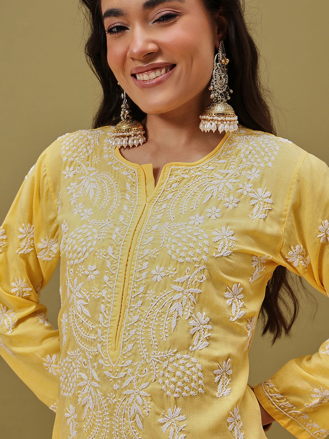 Ada Hand Embroidered Yellow Cotton Lucknow Chikankari Straight Kurta A133713