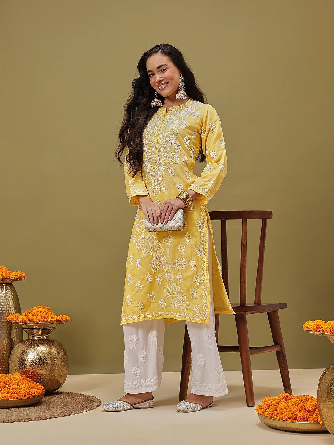 Ada Hand Embroidered Yellow Cotton Lucknow Chikankari Straight Kurta A133713