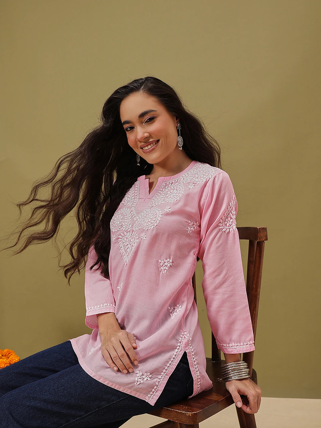 Ada Hand Embroidered Pink Cotton Lucknowi Chikankari Kurti A911345