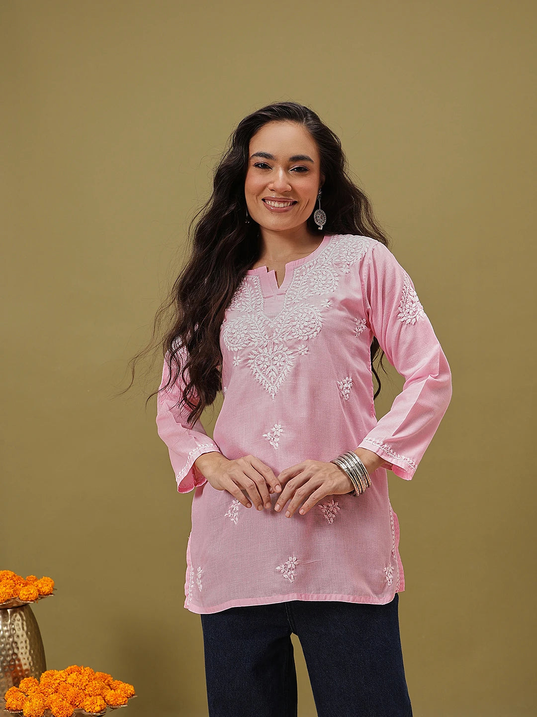 Ada Hand Embroidered Pink Cotton Lucknowi Chikankari Kurti A911345
