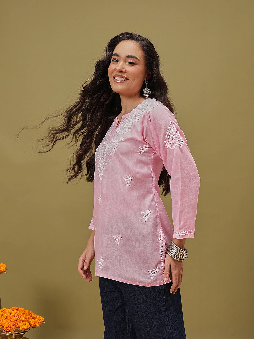 Ada Hand Embroidered Pink Cotton Lucknowi Chikankari Kurti A911345