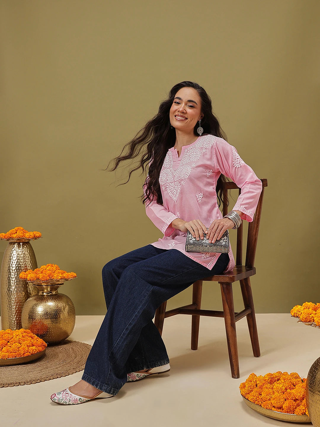 Ada Hand Embroidered Pink Cotton Lucknowi Chikankari Kurti A911345