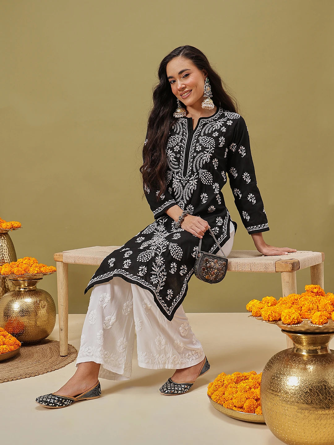 Ada Hand Embroidered Black Cotton Lucknowi Chikankari Straight Kurta A165744